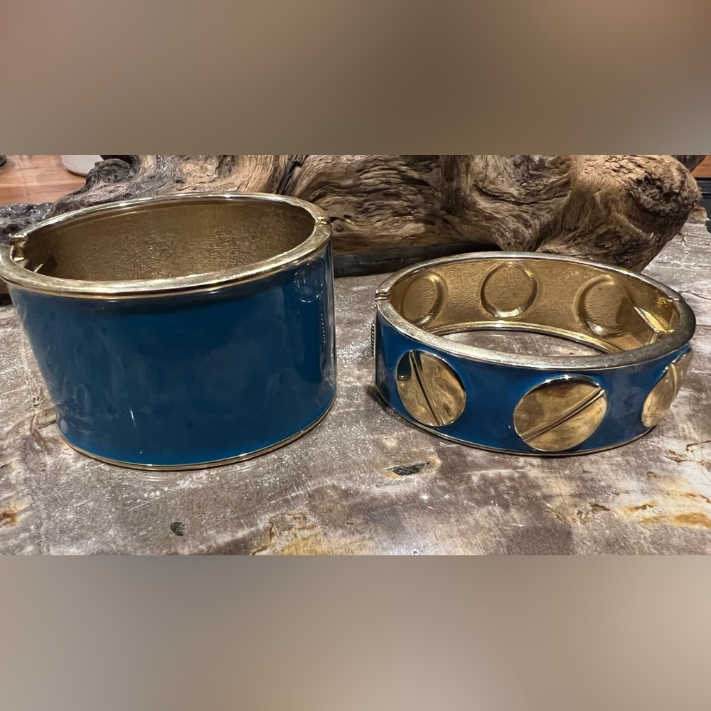 Y2K 2 Blue Enamel Hinged Cuffs with gold tone no signed but looks CC SKYE design